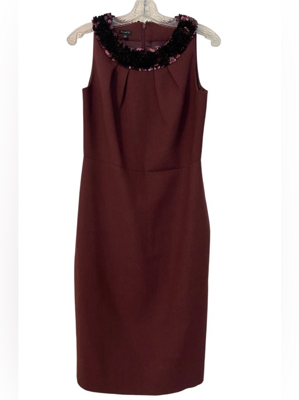 Talbots Wine Sleeveless Sheath Dress with Embellished Collar